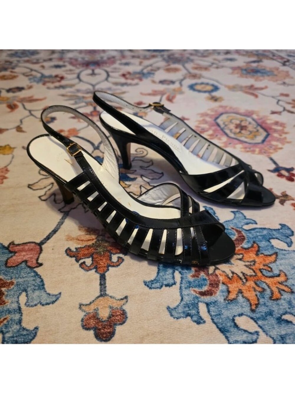 Evan-Picone Made in Italy Black Patent Leather Slingback Peep Toe Heels Size 5.5